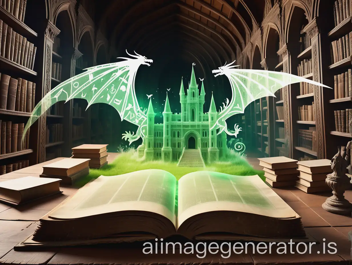 From an ancient mysterious library on a large carved wooden table lies a large ancient open book, the book is very old, fragments of various plots fly out of the open book and recreate an ephemeral translucent world from the distant past, in this ephemeral translucent world, three-dimensional silhouettes of ancient castles, flying mythical dragons and wizards, fabulous creatures on blooming green lawns, double exposure effect, magical image, medium depth of field, high resolution, high detail