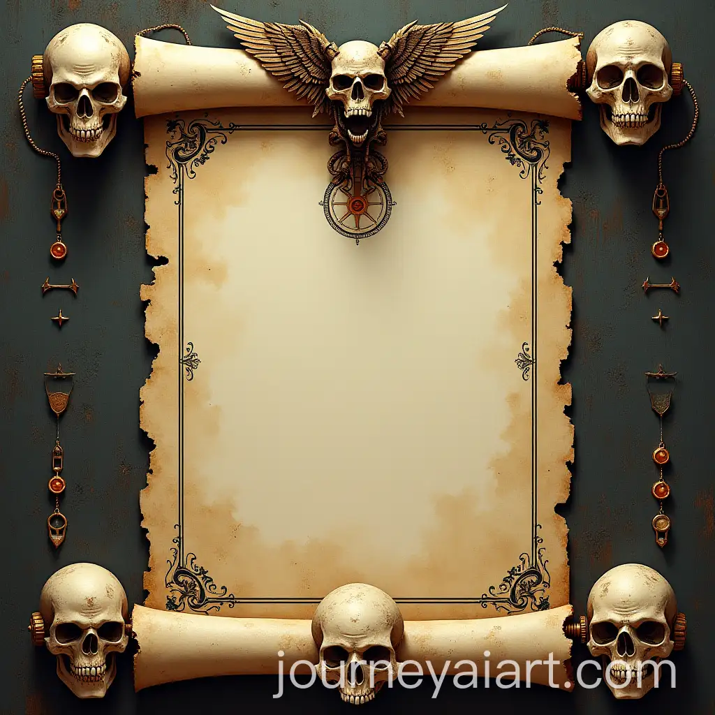 Medieval-SciFi-Prayer-Scroll-with-Mechanical-Skulls-and-TwoHeaded-Eagle