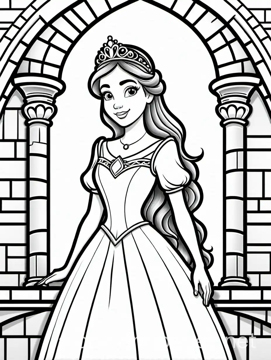 a princess in a tower, Coloring Page, black and white, line art, white background, Simplicity, Ample White Space