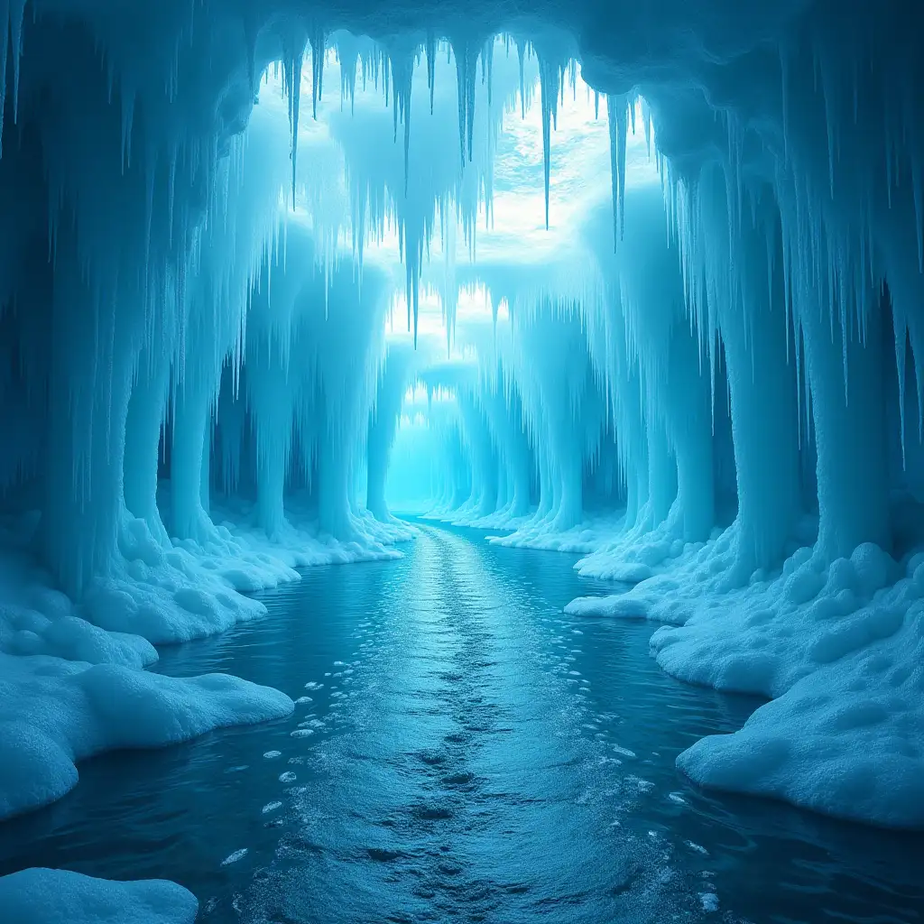 Underwater ice cave:nnMain space:n- Underwater cave with a transparent ice ceilingn- Stream of water running through the icen- Ice pillars shining like diamonds