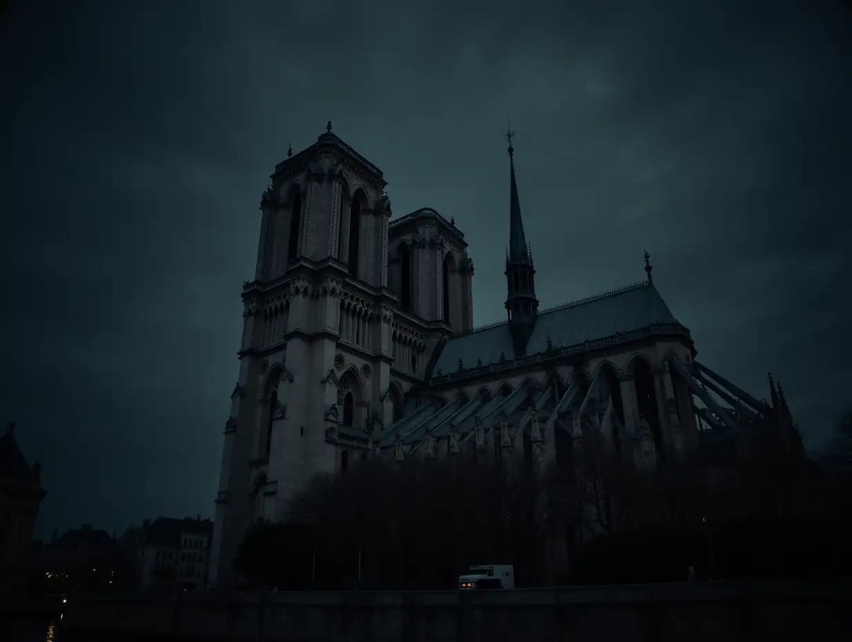 Gothic Tower of Notre Dame in a Dramatic Dark Setting