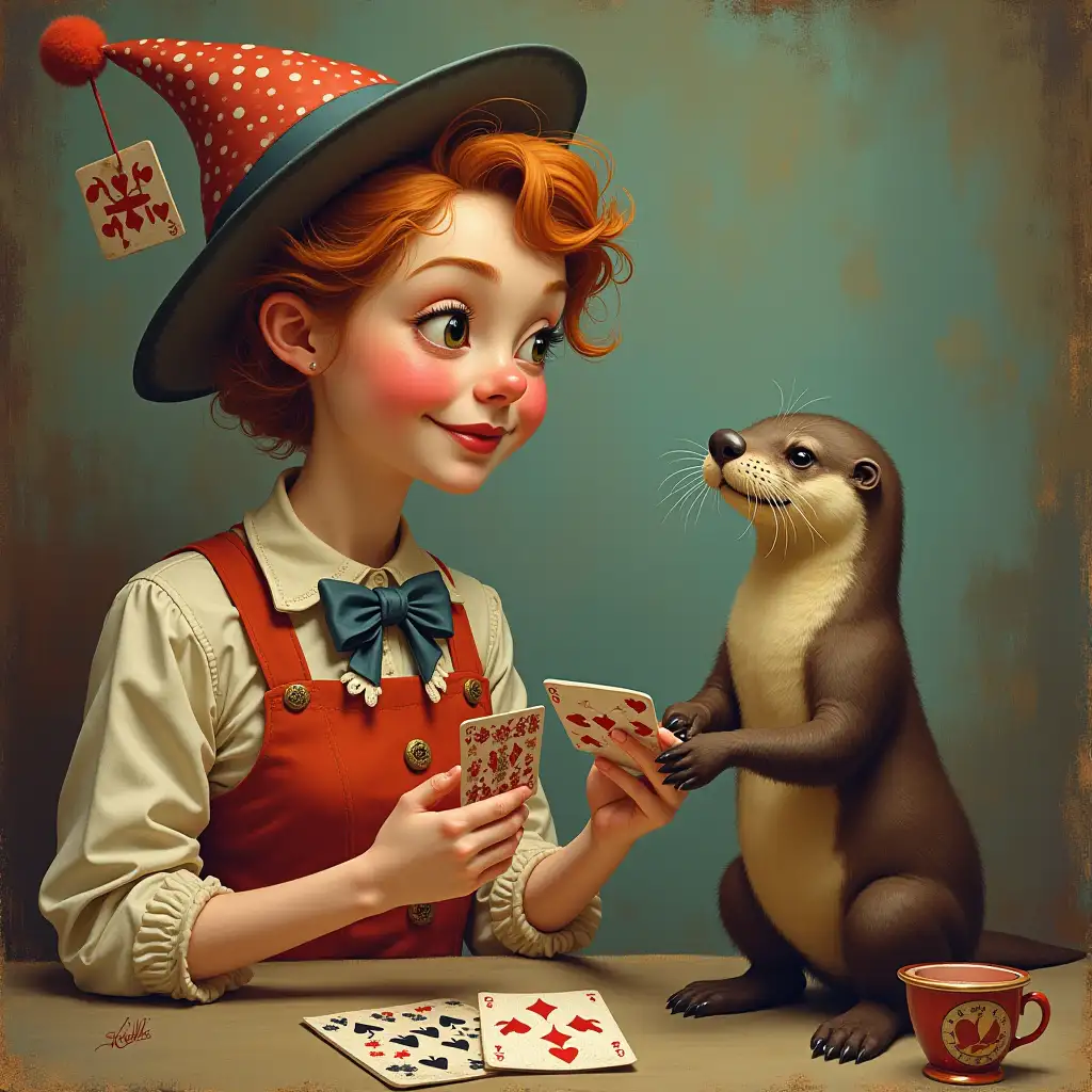 Sweet Clown and her pet sea Otter Doing card tricks for the kids. Folk, Female vocals, Carnival, pop, playful.