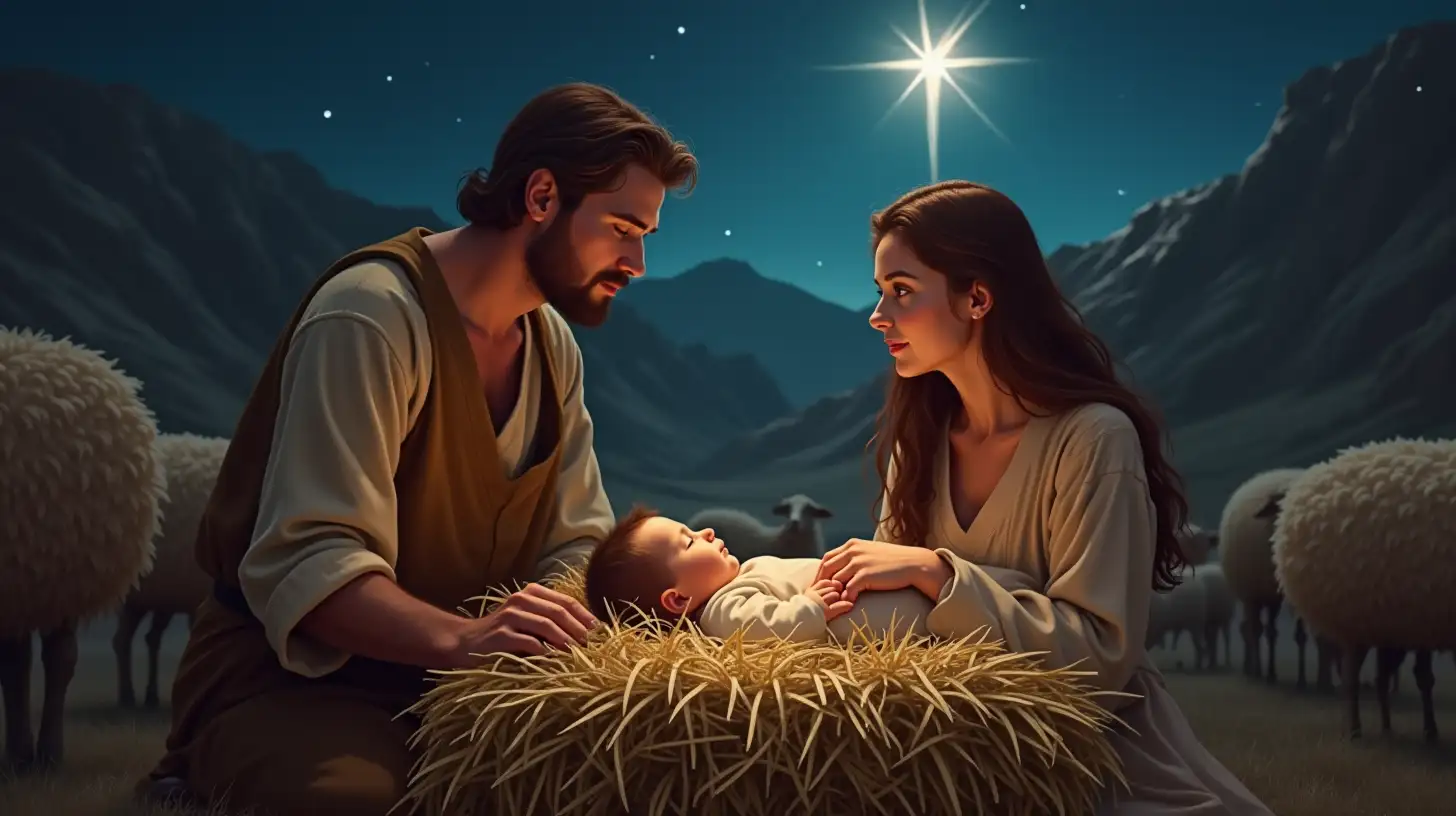 Young Couple Adoring Their Sleeping Baby in a Pastoral Biblical Scene