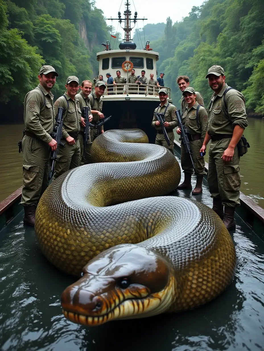 A massive, colossal anaconda snake, impossibly large, caught by a group of five European hunters on a large ship in the Amazon River. The snake is so large that it spans across the entire deck of the ship. Its skin is incredibly detailed, with natural shades of green, brown, and black, and it appears lifeless, lying across the deck with its immense body twisted. The snake’s head is terrifyingly large, and its massive coils take up much of the space on the ship. The five hunters are standing proudly around the snake, wearing modern hunting gear—camouflage jackets, hats, and boots—holding rifles. They smile victoriously as they pose for a photo. The ship is equipped with nets and ropes used to capture the snake. The dense Amazon jungle surrounds the ship, visible in the background. The lighting is realistic, with shadows cast over the snake's texture, and the image is captured as if with an iPhone 16 Pro, emphasizing the surreal scale of the snake and the hunters’ accomplishment.