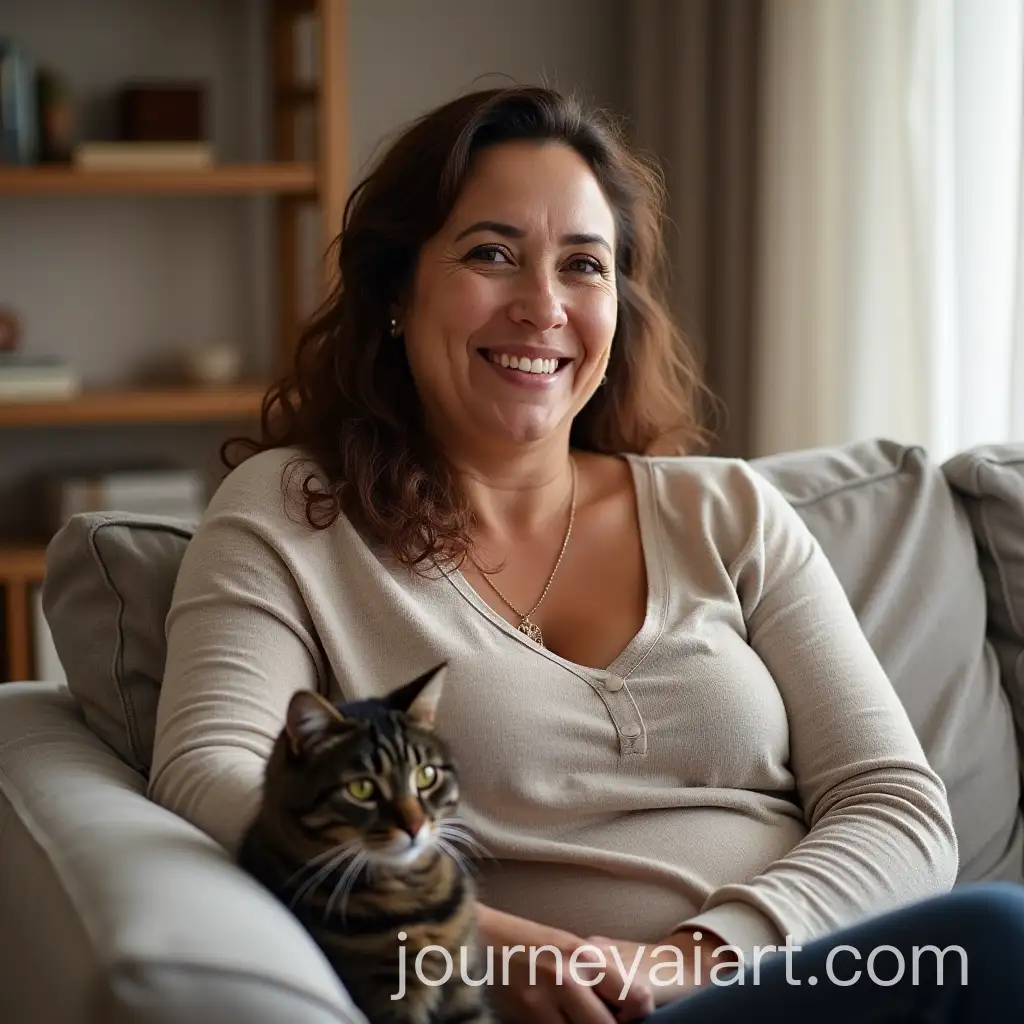 Tunisian-Woman-Relaxing-on-a-Modern-Couch-with-a-European-Shorthair-Cat-in-a-Warm-Atmosphere