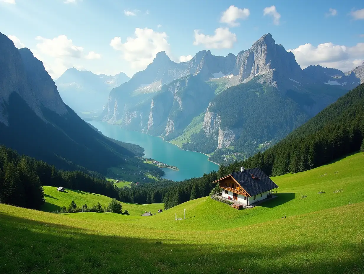 Idyllic landscape in the Alps with mountain chalet and green meadows