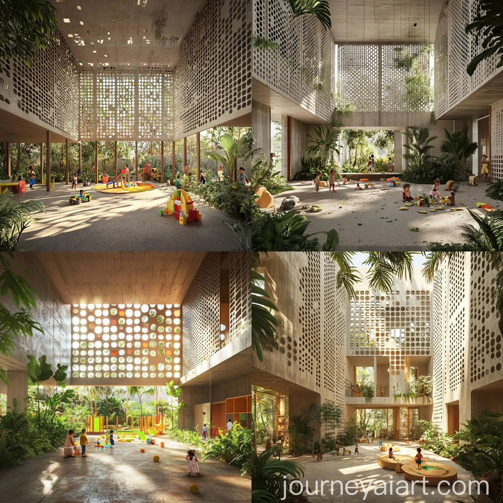 Childrens-Communal-Playroom-Design-with-Perforated-Concrete-Facade-and-Lush-Courtyard