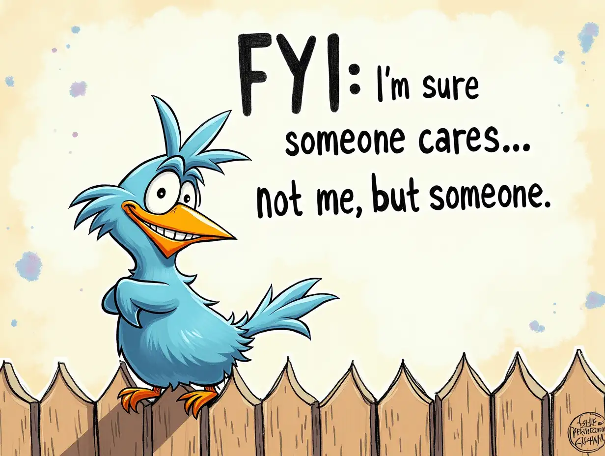 hand drawn art. A cartoon bird with exaggerated features and a mischievous grin, standing on a wooden fence. The bird has bright blue feathers, large eyes, and a tuft of hair on its head. The background is a textured wall with a splash of paint and a handwritten quote that reads 'FYI: I'm sure someone cares... Not me, but someone' The overall style is playful and cartoonish, with a focus on the humor and absurdity of the scene.