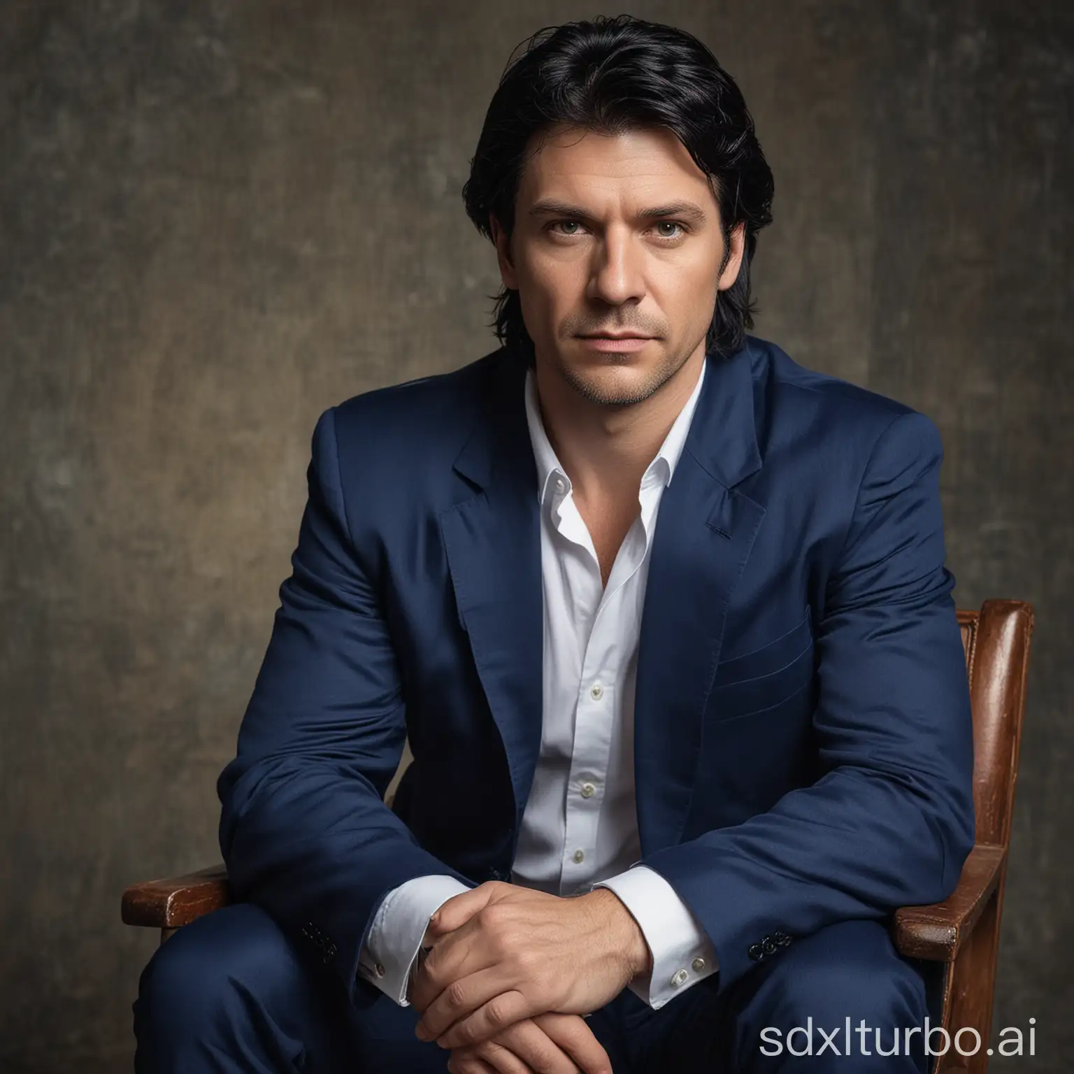 Imagine a 45 years old white Caucasian European male, with black hair, attractive look, dramatic look, and charismatic look; seem to have wisdom and vision, setting on a chair, looking straight, wearing a blue blazer and white shirt.