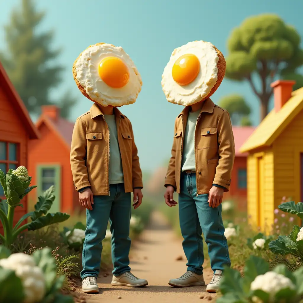 two humans standing, but with a fried egg, vertical, instead of its head. The individuals are dressed in modern clothes and stand in an environment made of colorful vegetable houses, with elements of nature such as trees and cauliflowers in the background. The fried eggs should be well detailed, with bright yolks, contrasting with the human body. The image should convey a playful and imaginative atmosphere.