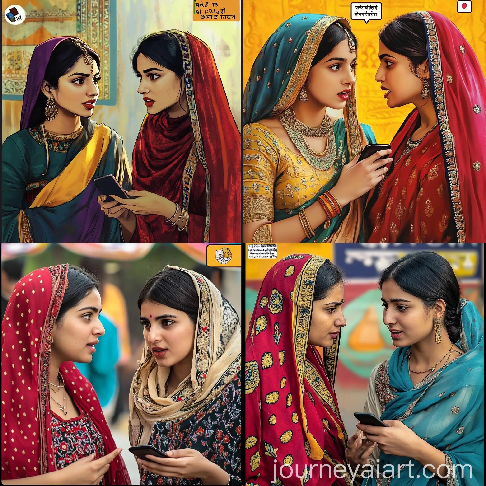 Two-Pakistani-Women-Talking-with-Dupattas-One-Looking-at-Phone