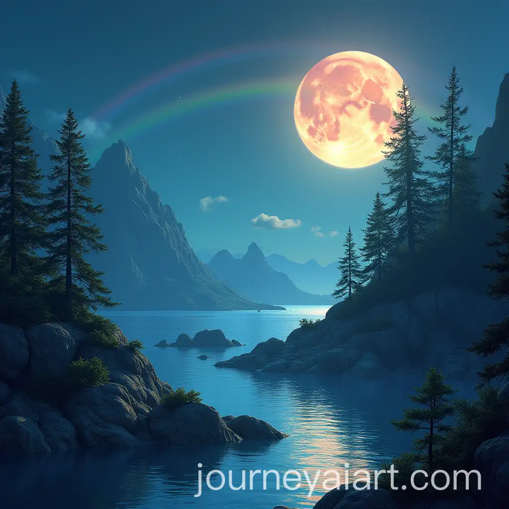 Tranquil-Ocean-with-Floating-Islands-and-a-Magical-Rainbow-Forest-Illuminated-by-Moonlight
