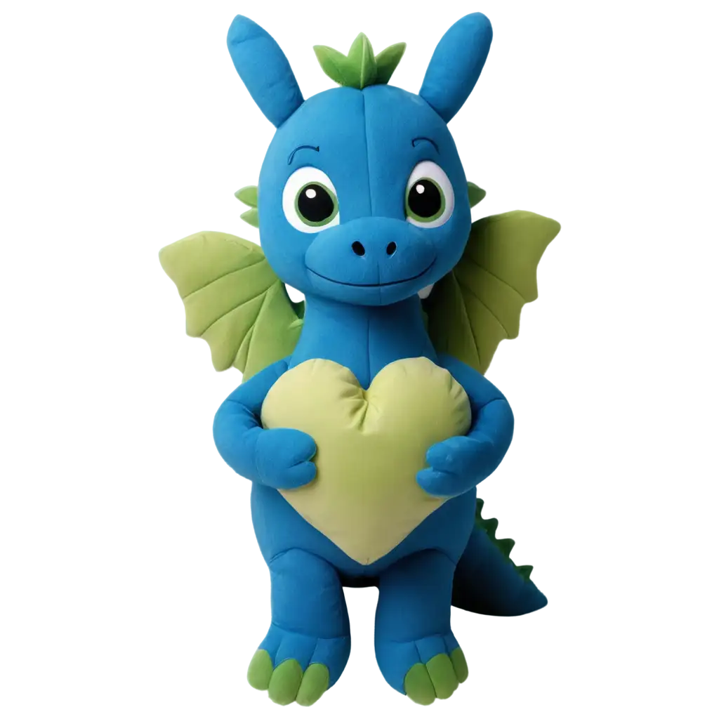 Dark blue and green baby dragon holding a soft heart cushion