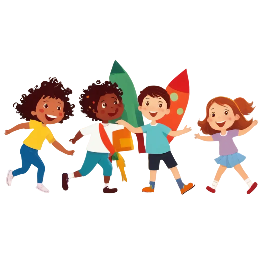 Adorable-Kindergarten-Kids-Playing-Together-in-a-CartoonStyle-PNG-Image-Bright-Cheerful-Classroom-Playground-Scene