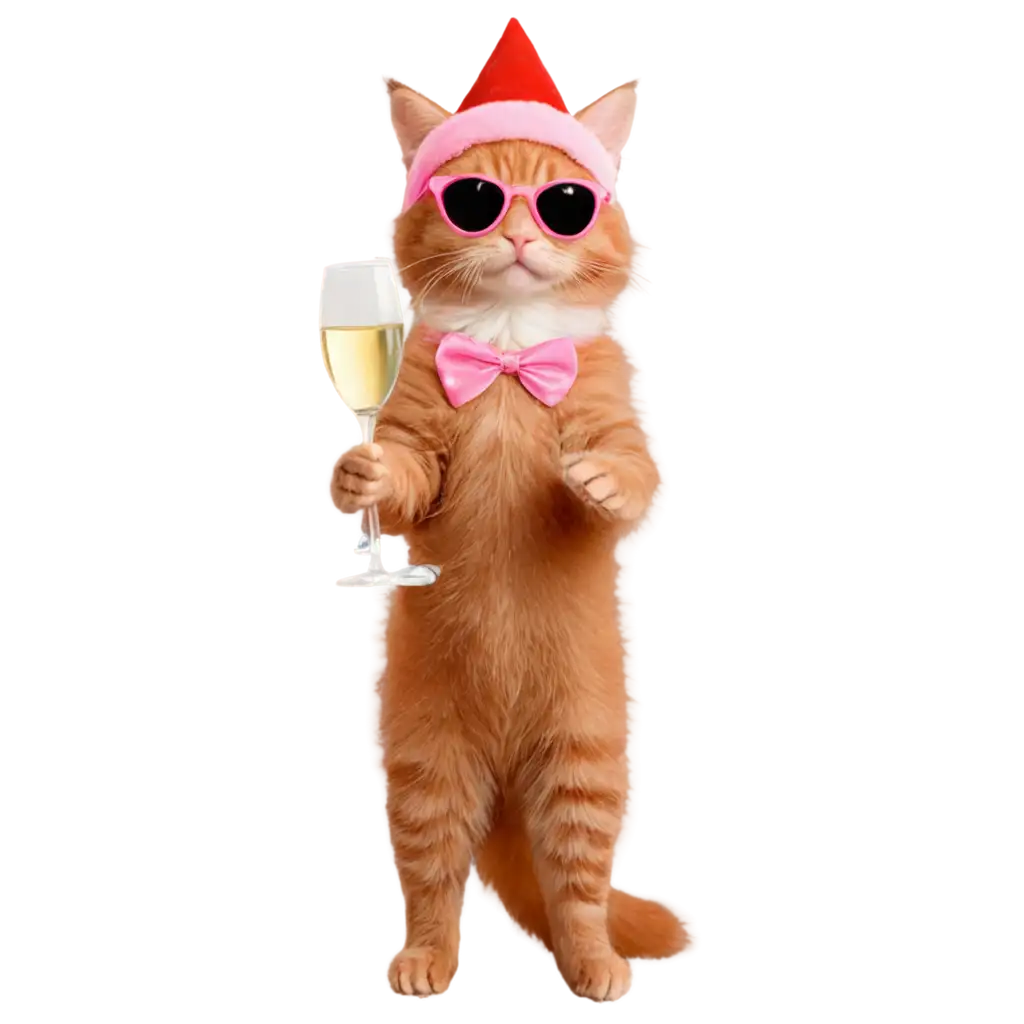 The red kitten stands on his hind legs, holding a champagne glass in one paw, with heart-shaped sunglasses over his eyes and a bright pink triangular festive hat on his head.