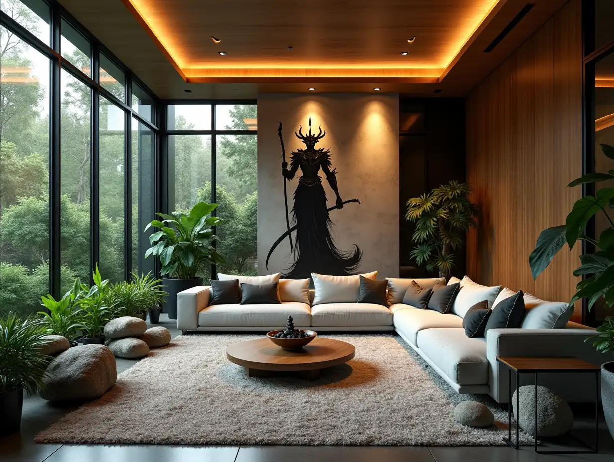 Large modern living room lighting with furniture very many plants with DEMON SLAYER IMAGE on the wall Zen garden with carefully tended rocks, a meditative 180 degree shot 8K resolution