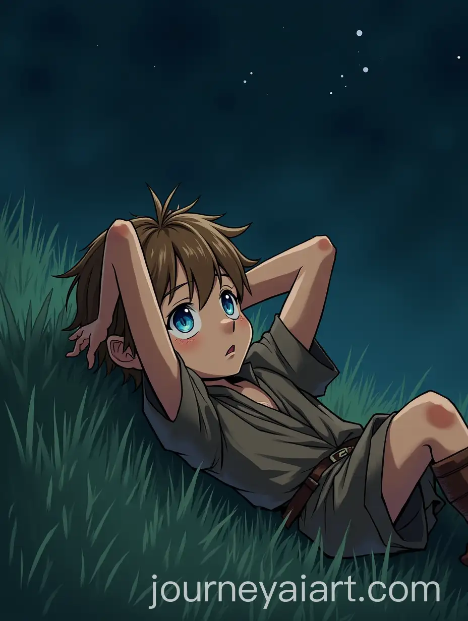 Serious-Boy-in-Medieval-Peasant-Attire-Lying-on-Grass-at-Night