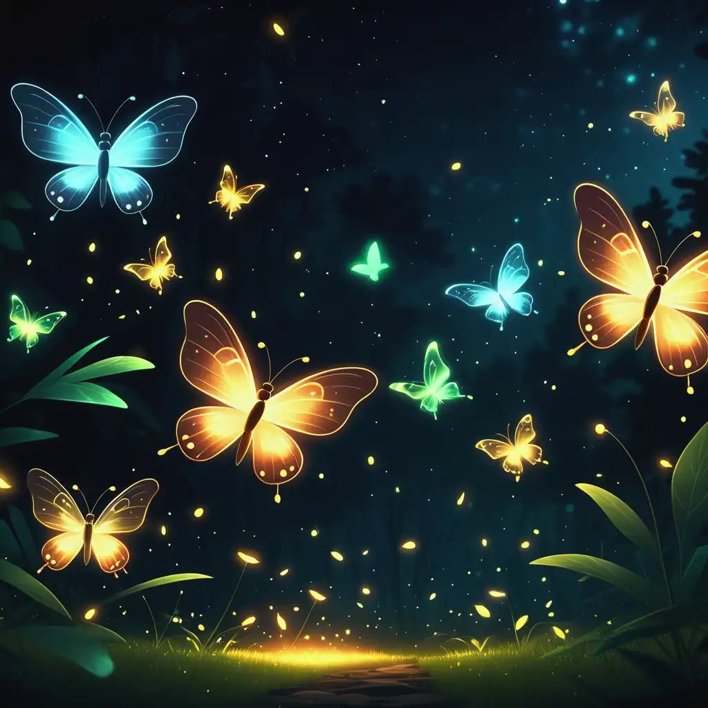 Whimsical Fireflies and Glowing Butterflies in Animated Style