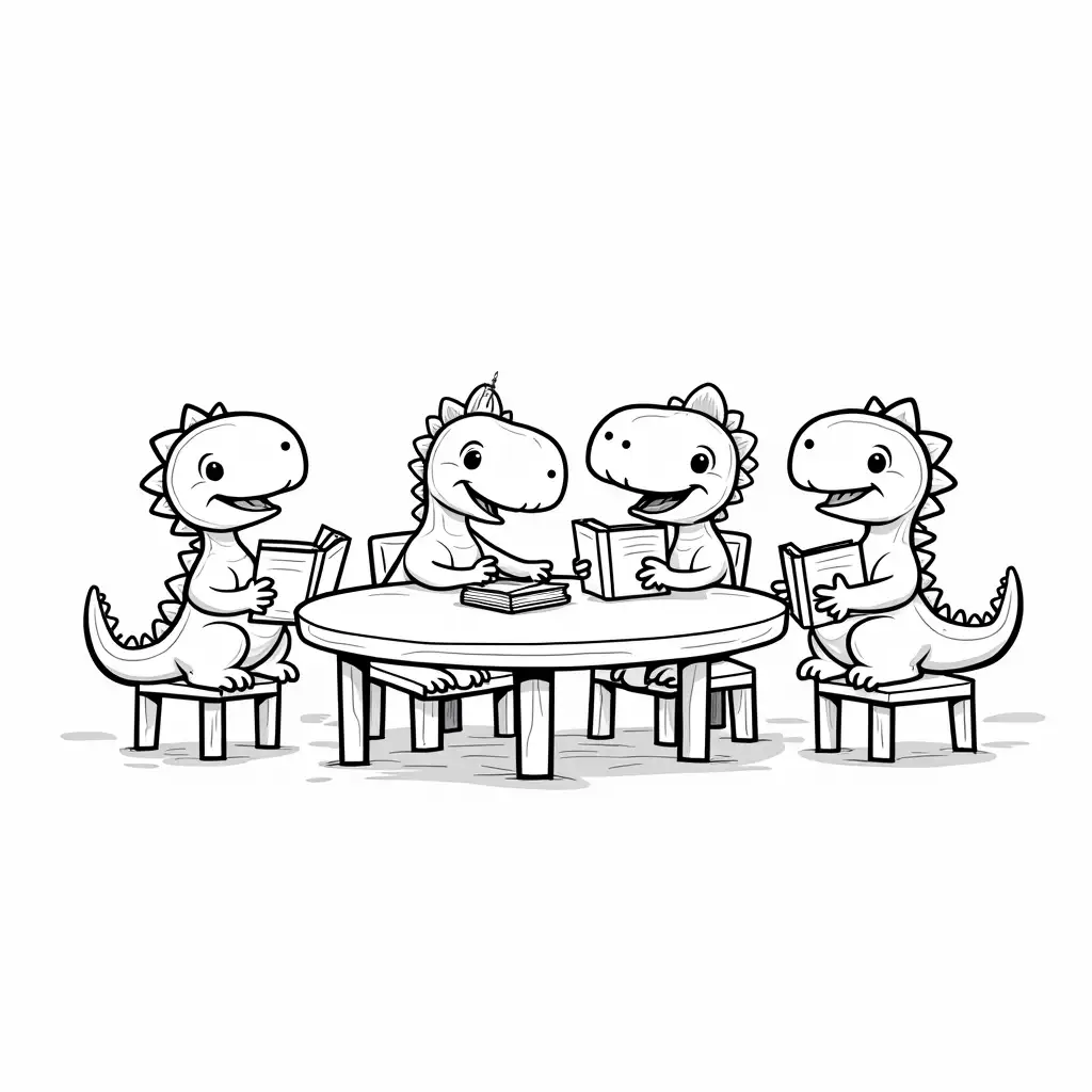 Cute Cartoon Dinosaurs Studying in Classroom Coloring Page