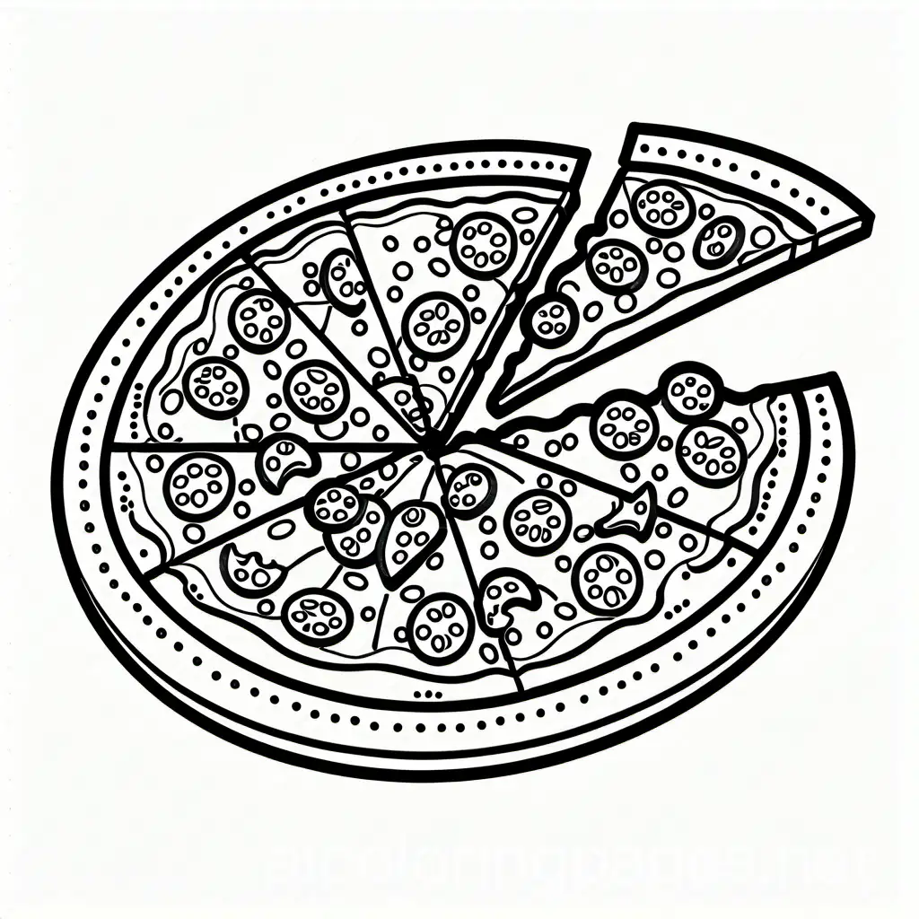 black and white coloring page with delicious Pizza slice with toppings like pepperoni and cheese, Coloring Page, black and white, line art, white background, Simplicity, Ample White Space. The background of the coloring page is plain white to make it easy for young children to color within the lines. The outlines of all the subjects are easy to distinguish, making it simple for kids to color without too much difficulty, Coloring Page, black and white, line art, white background, Simplicity, Ample White Space. The background of the coloring page is plain white to make it easy for young children to color within the lines. The outlines of all the subjects are easy to distinguish, making it simple for kids to color without too much difficulty