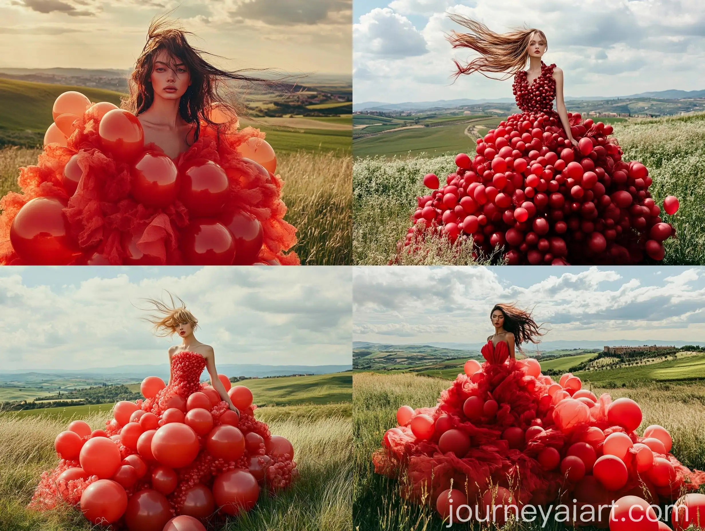 Fashion-Model-in-Red-Balloon-Dress-Italian-PreAlpine-Meadow