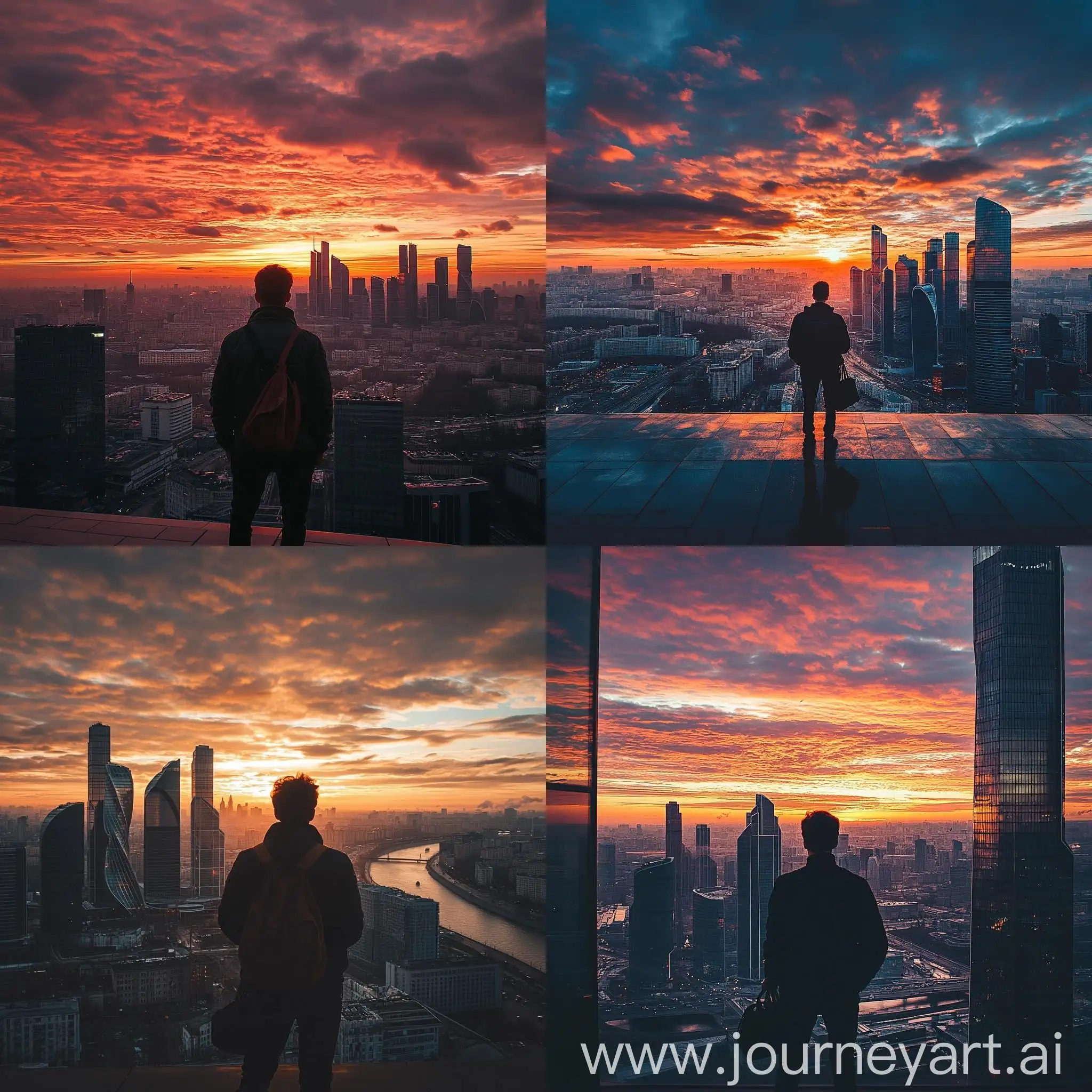 Silhouette-of-Young-Man-with-Bag-in-Moscow-City-Sunset-View