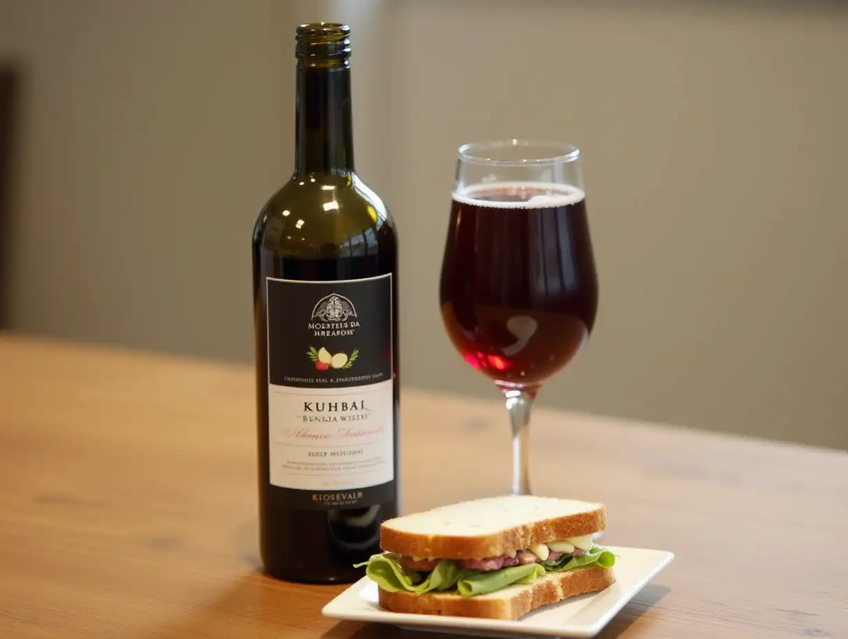 A bottle of red wine and a glass are placed on the table, with a sandwich beside it.