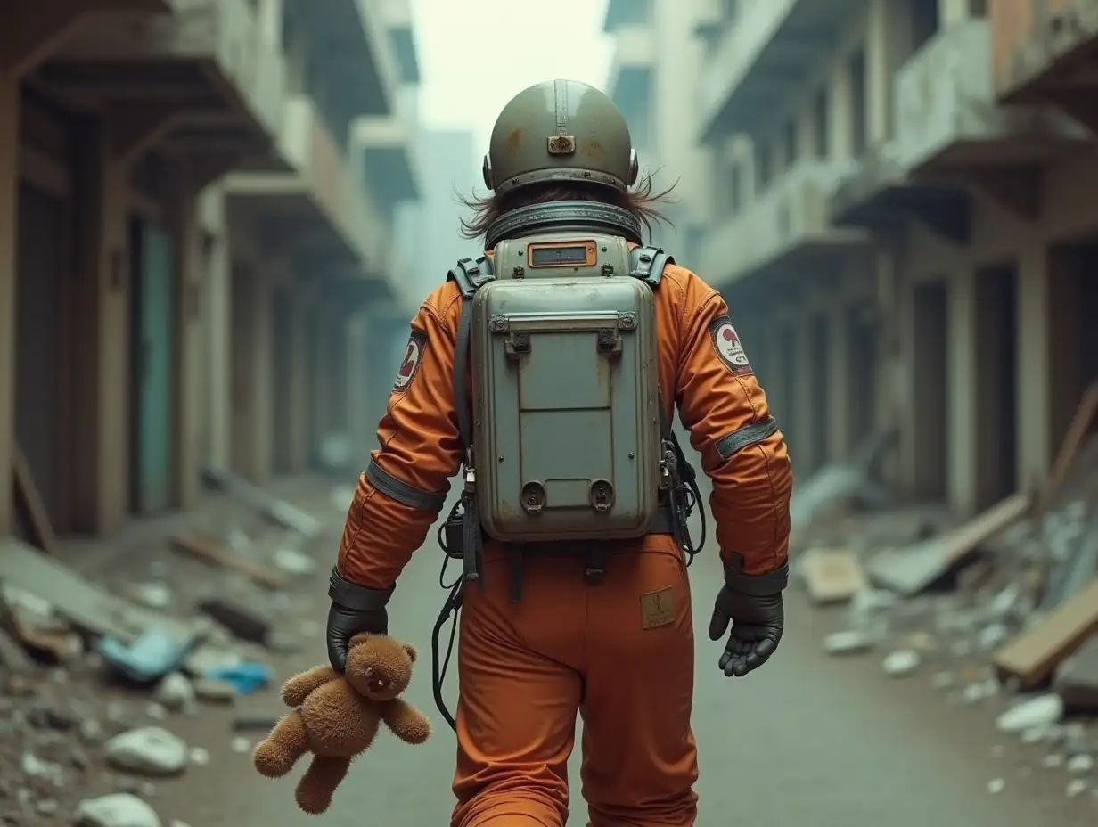 An astronaut, in an old ragged space suit, no helmet. He has long hair and stubble. He is in a ruined city, walking down a street. We see him from the back, a light brown old teddy bear toy is hanging off one of his hands.