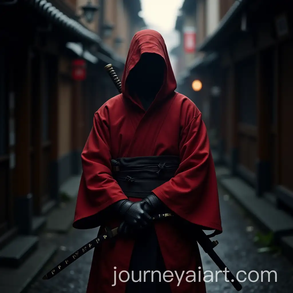 Samurai-in-Red-Duvet-in-a-Dark-Japanese-Alleyway