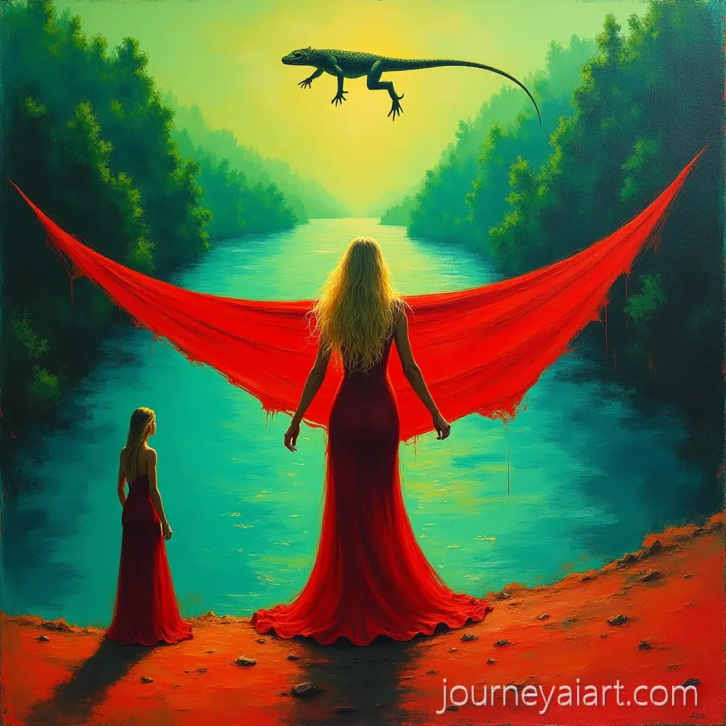 SurSurreal-dream-landscapereal-Dreamscape-with-Two-Women-and-Flying-Lizard-in-Freedom-Symbolism