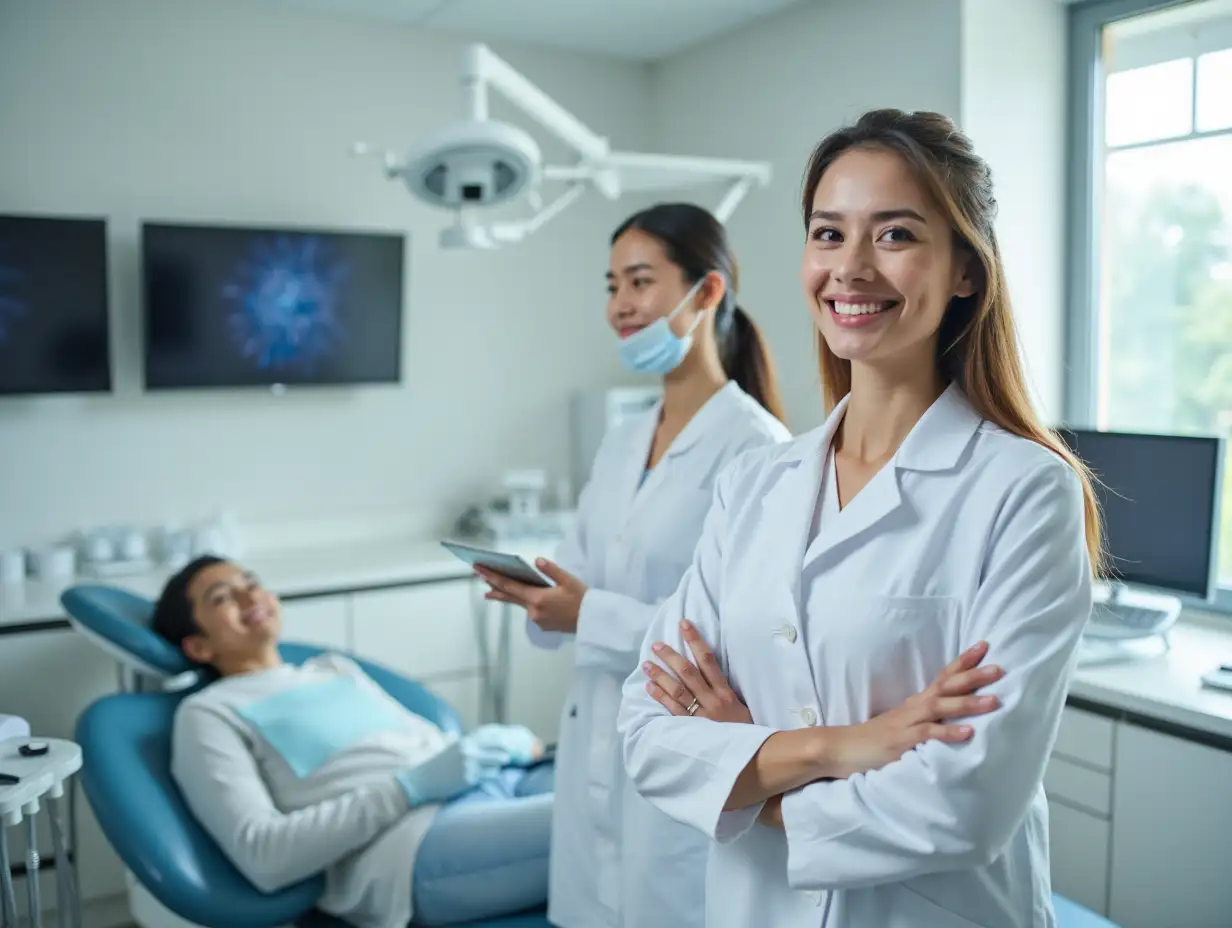 Modern-Dental-Clinic-with-Asian-Female-Dentist-Welcoming-Patient