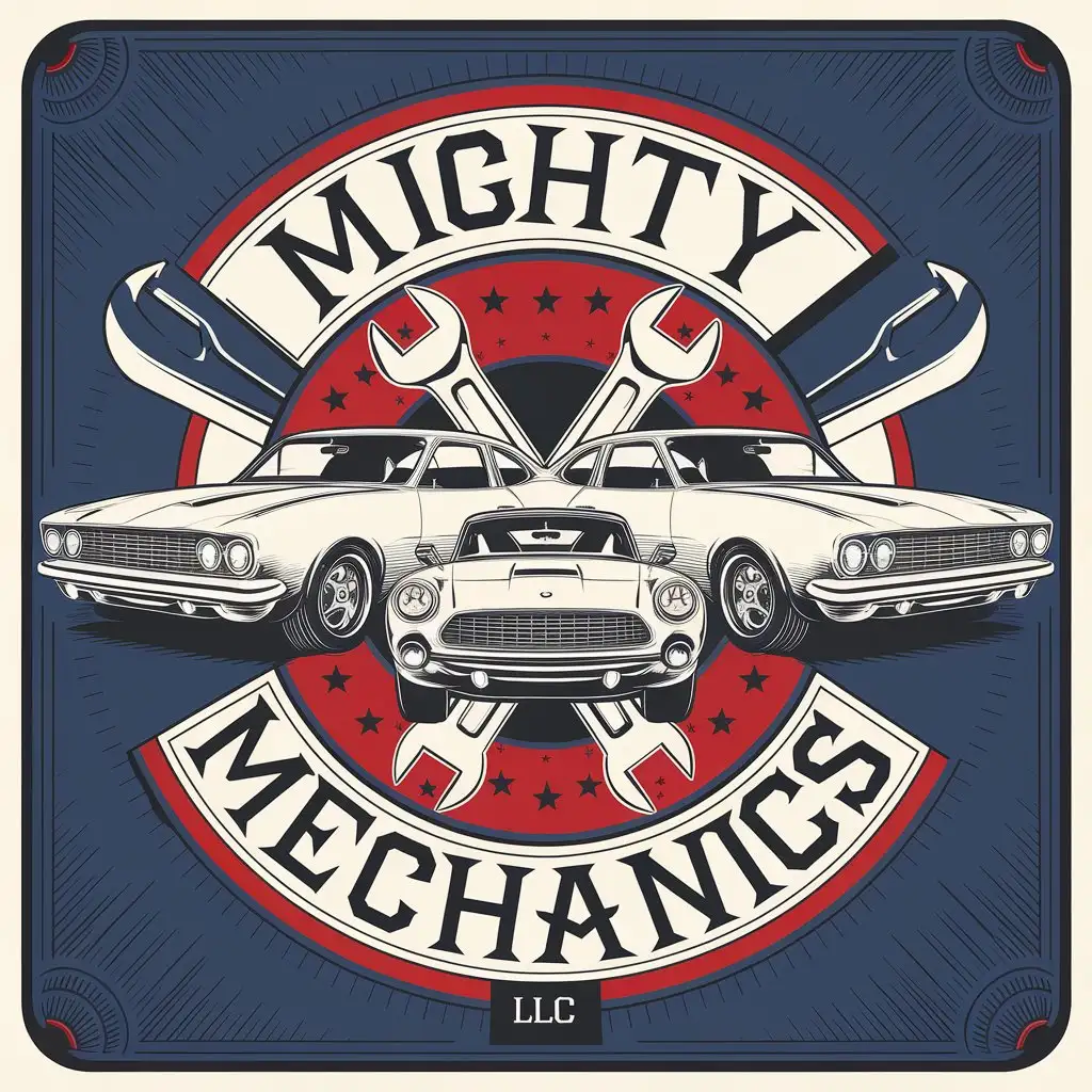 LOGO Design for Mighty Mechanics LLC Vintage FullBody Cars Wrenches Blue and Red Color Scheme