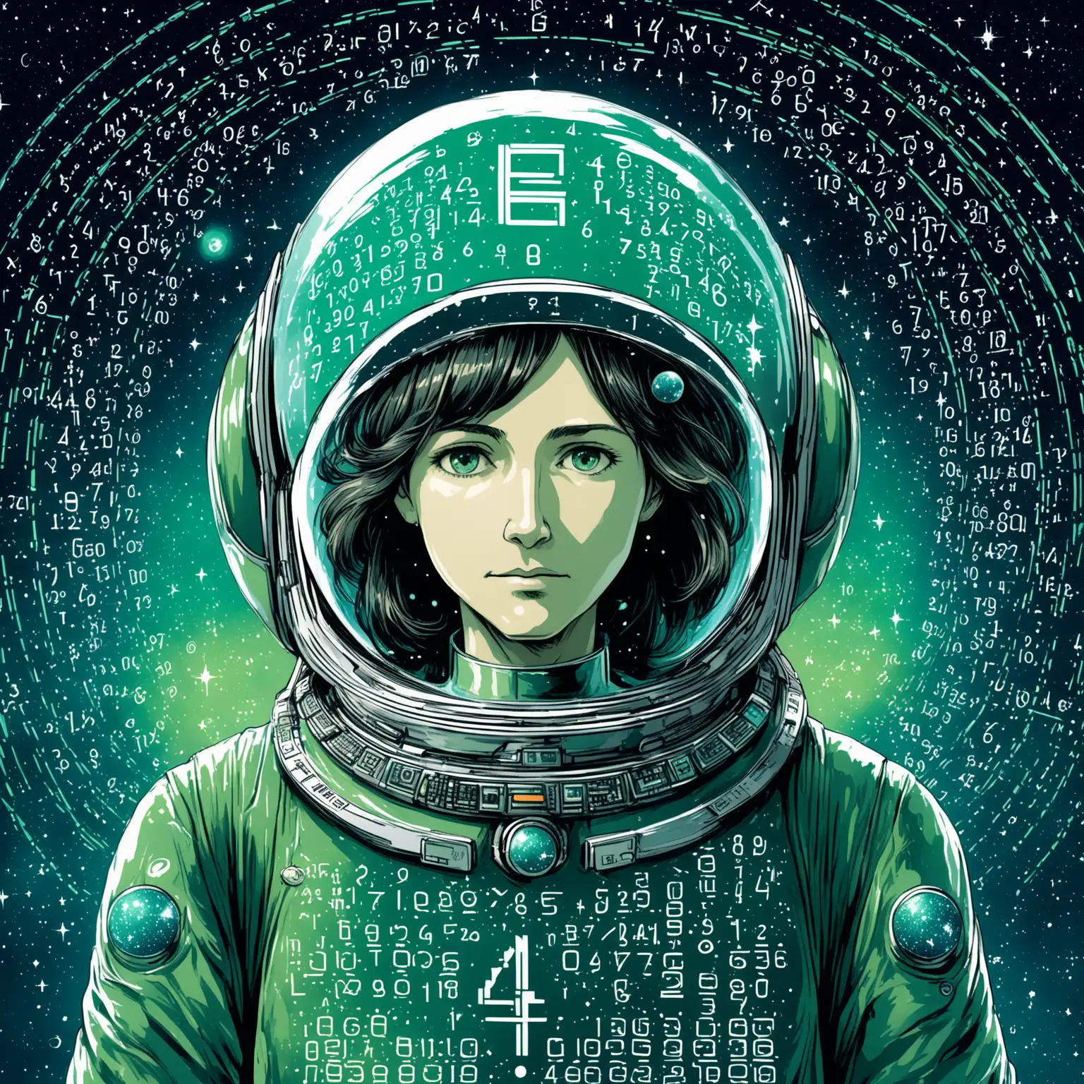 Illustration of a middle-age man inside a space helmet, looks confident. He has dark hair, and the visor of her helmet is clear, showing her serene expression. Around him, ciphers and cryptographic numbers in blue-green color, creating a contrast between the soft, delicate blooms and the hard, futuristic space helmet. The helmet is covered with cryptographic inscriptions and green numbers. The background is a cosmic, starry scene, blending elements of cryptographic numbers and space