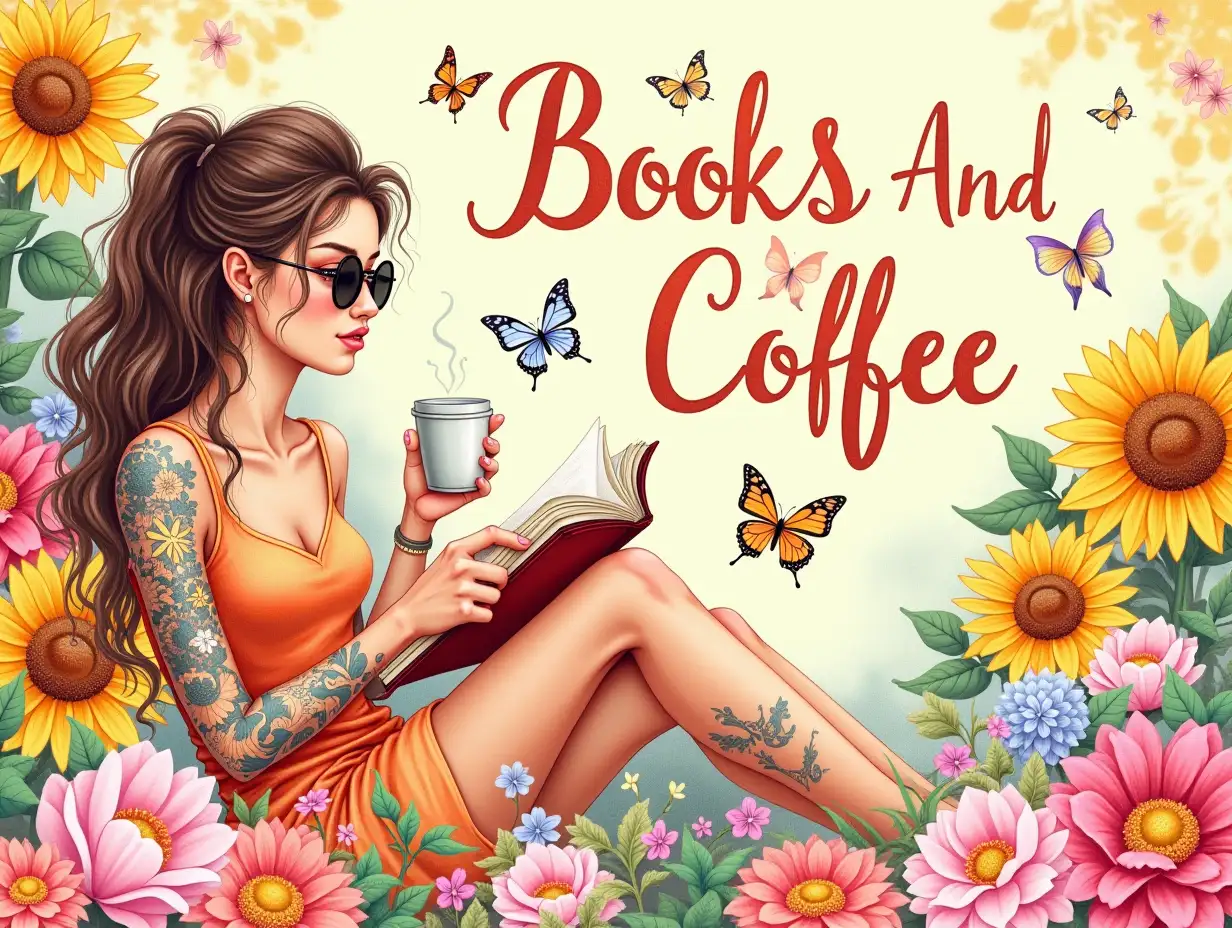 ukiyo-e painting style, Watercolor art. A vibrant and detailed illustration of a relaxed young woman with long, wavy hair, wearing stylish sunglasses, enjoying a cozy moment with a book and a coffee cup. She has intricate tattoos on her arms, showcasing artistic floral designs. Surrounding her are a rich tapestry of oversized sunflowers, delicate pink flowers, and fluttering butterflies, all contributing to a lush, colorful background. The color palette is a blend of warm yellows, pinks, and greens, creating a cheerful and inviting atmosphere. The text 'Books And Coffee' in an elegant script flows beautifully amidst the floral chaos, enhancing the overall whimsical and artistic feel of the scene, reminiscent of hyperrealistic or illustrative art styles.