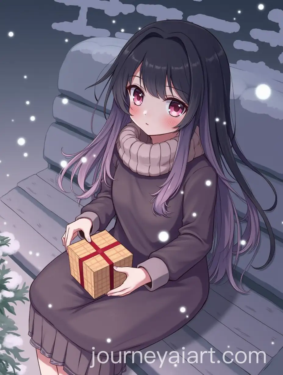 Girl-with-Gradient-Hair-Giving-a-Gift-by-Snowy-Christmas-Tree