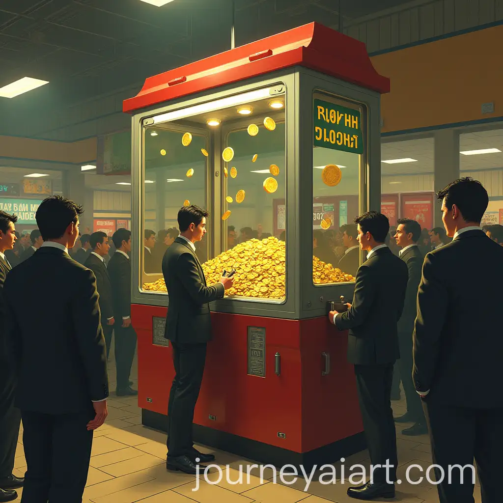 Dystopian-Coin-Pusher-Machine-with-People-in-Clerk-Outfits