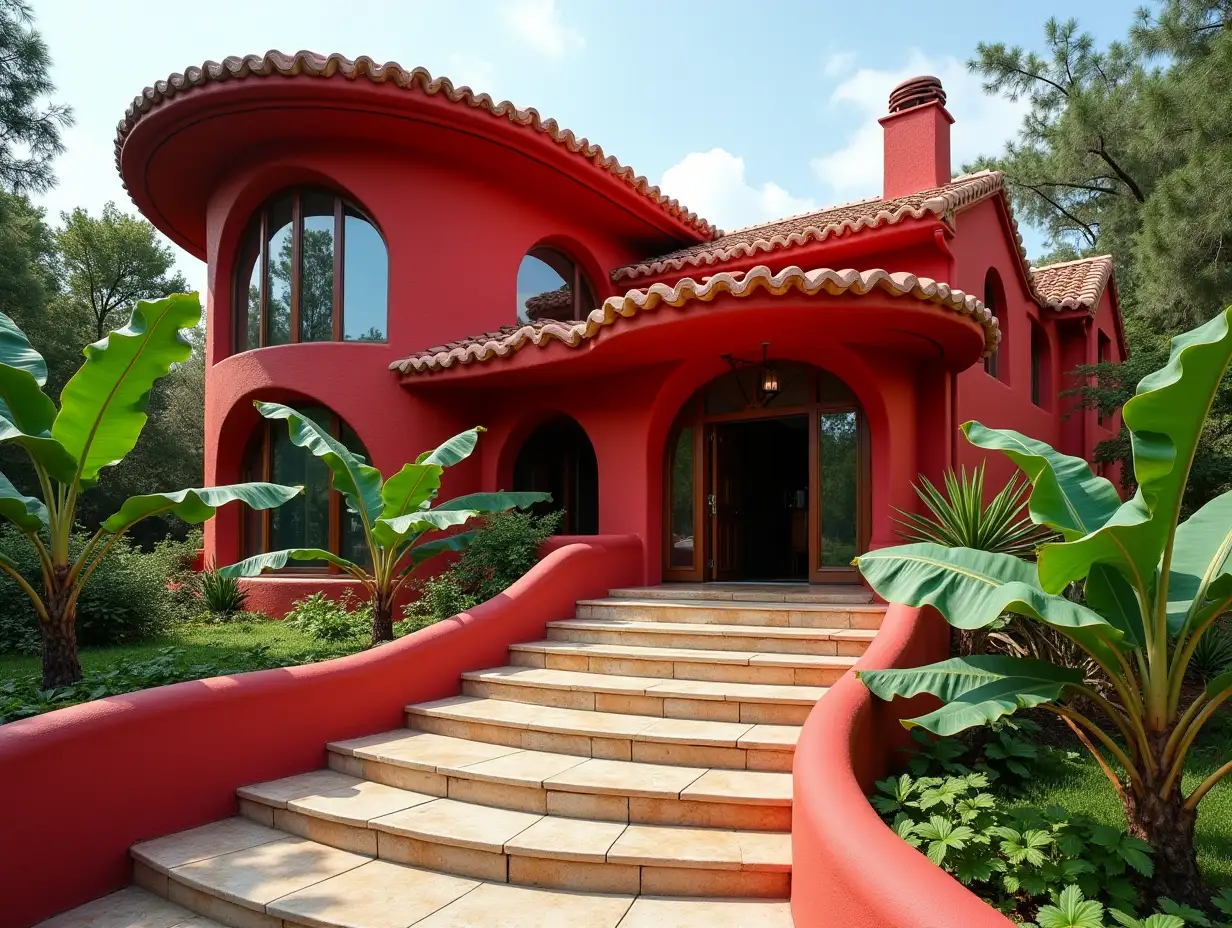 crooked red house garden planting-with stucco in the form of plant ornaments, large windows with glass closed, curved, smooth window shapes, winding large entrance steps made of marble complex curved roof with a dike,Banana plants 4K resolution colorful superWide-angle shots