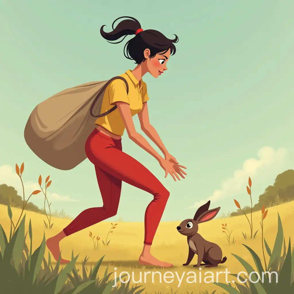 Animated-Woman-in-Red-Pants-Catching-Wild-Rabbit-with-Large-Bag