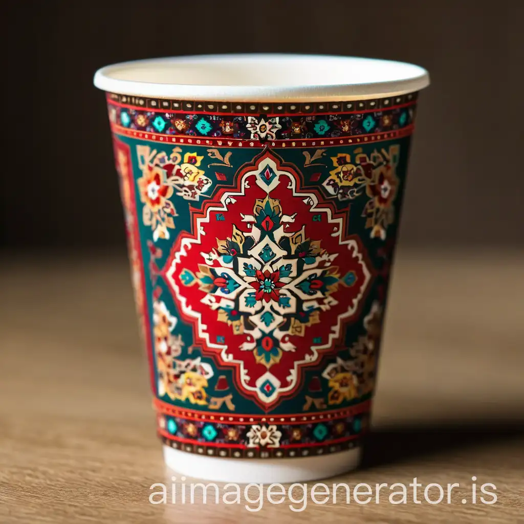 Design a coffee paper cup inspired by original Iranian carpet design , incorporating elements such as traditional motifs, intricate patterns, and vibrant colors to capture the essence of Russian culture and heritage.