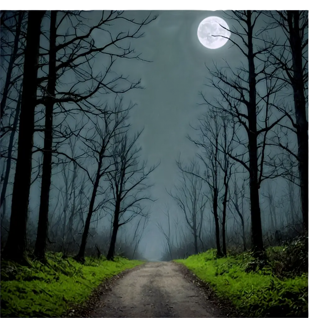 Creepy forest path under full moon, with distant glowing eyes