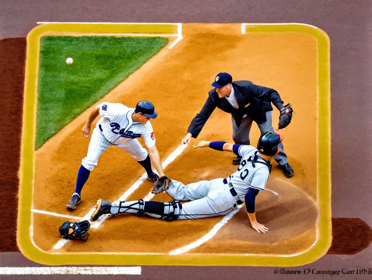 1930s Baseball Player Sliding into Home Plate with Umpire and Catcher Action Scene