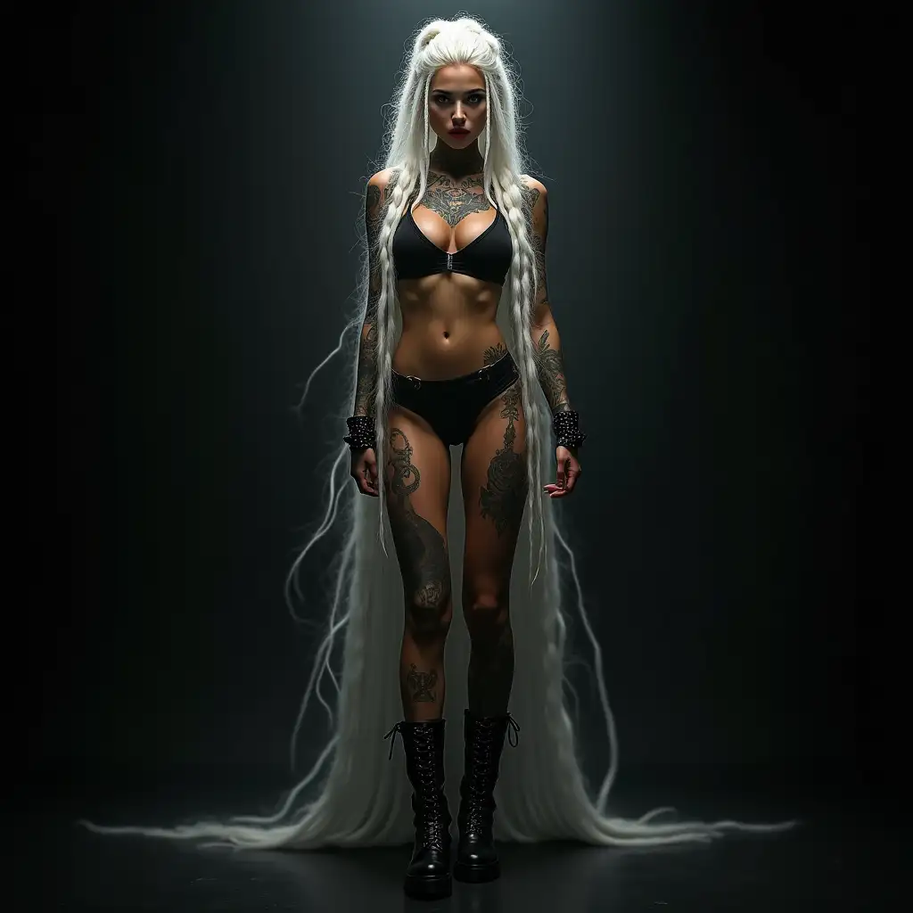 Depiction of a beautiful white woman with tattoos and long mixed white-black braided hair in a futuristic style and laced boots, Blurry black background (120mm) shot poster