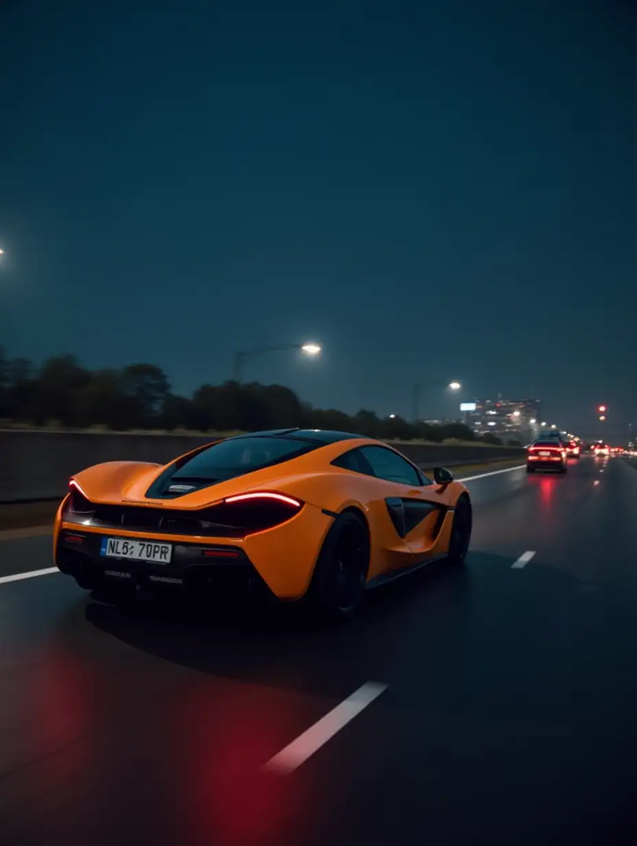 A McLaren speeding on the highway at night