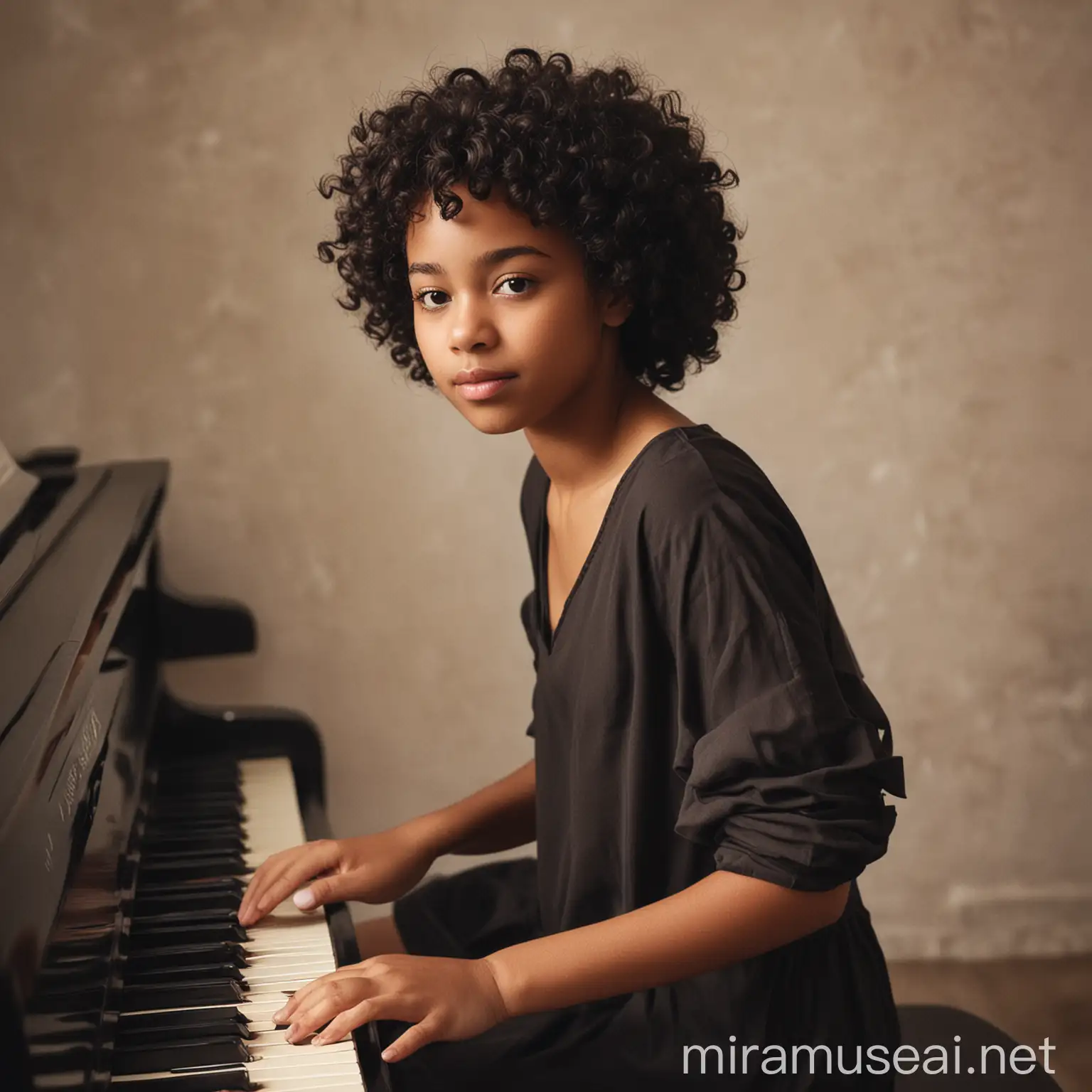 Young Black Girl Playing Piano with Curly Hair