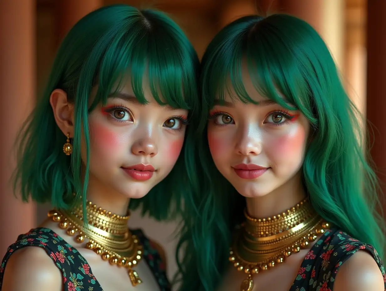 Two young black and white patternnGirls with Alien face,withngreen hair, with a slightnsmile on their faces,emphasizingntheir smile, modern retronjewelry,in a temple with much goldndifferent shades 4k