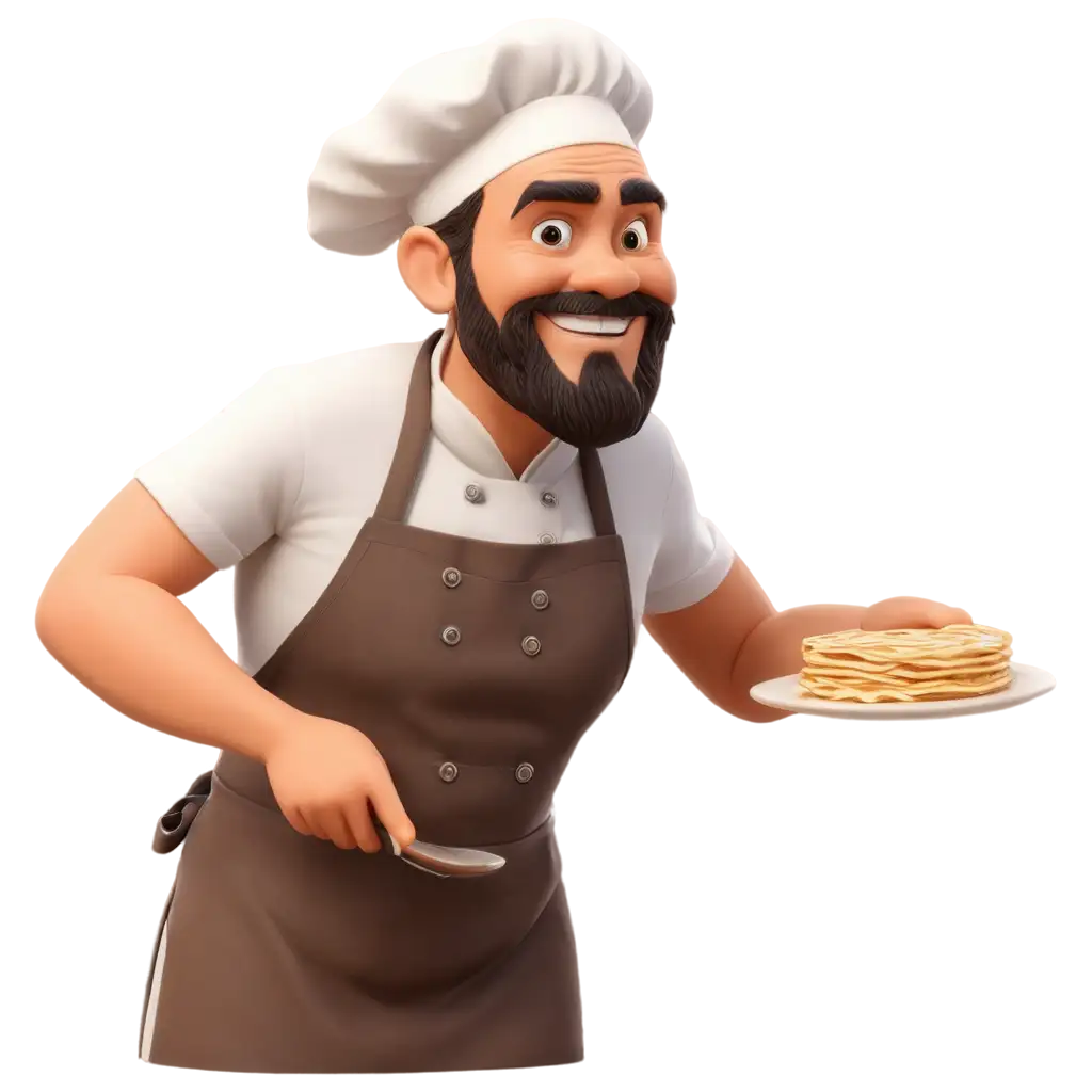 Bearded uncle chef image will be PNG and write Mr Crêpes below