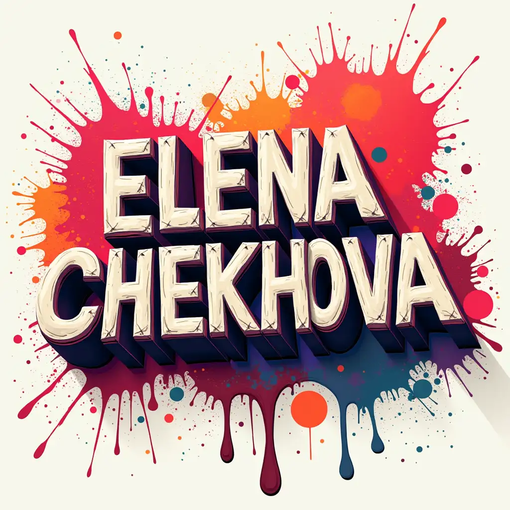 Create a 3D art text ELENA CHEKHOVA with splatters color background.