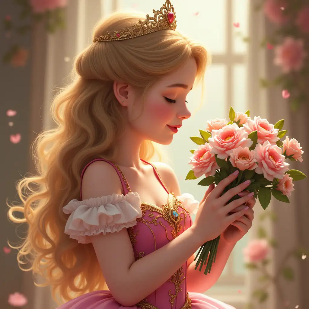 created detailed image of a princess enjoying the scent of beautiful flowers from a bouquet in her hands