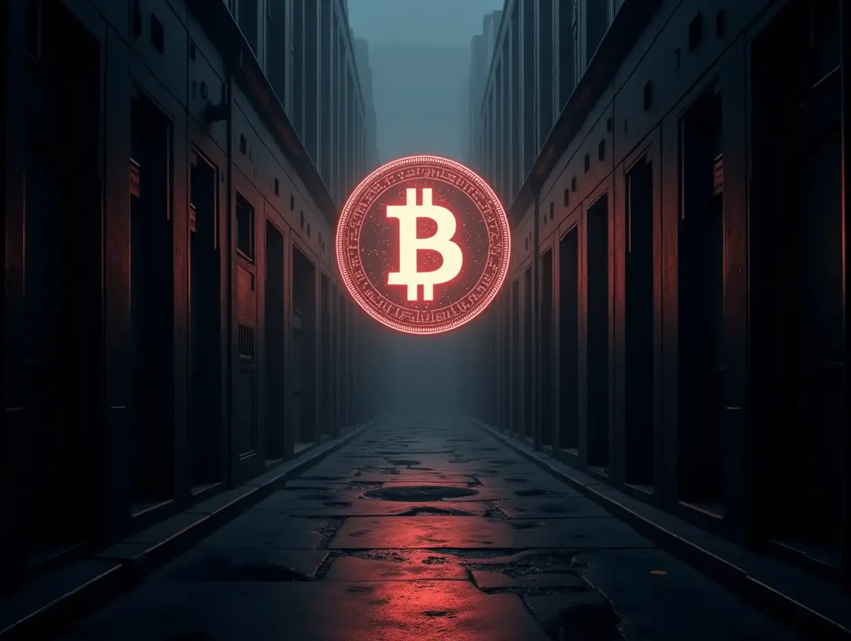 Dark-Futuristic-Alley-with-Flickering-Holographic-Bitcoin-Sign