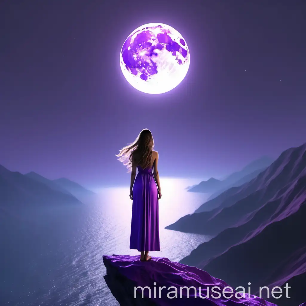 Minimalistic Woman in Purple Dress on Mountain Peak Viewing Ocean Under Purple Moonlight